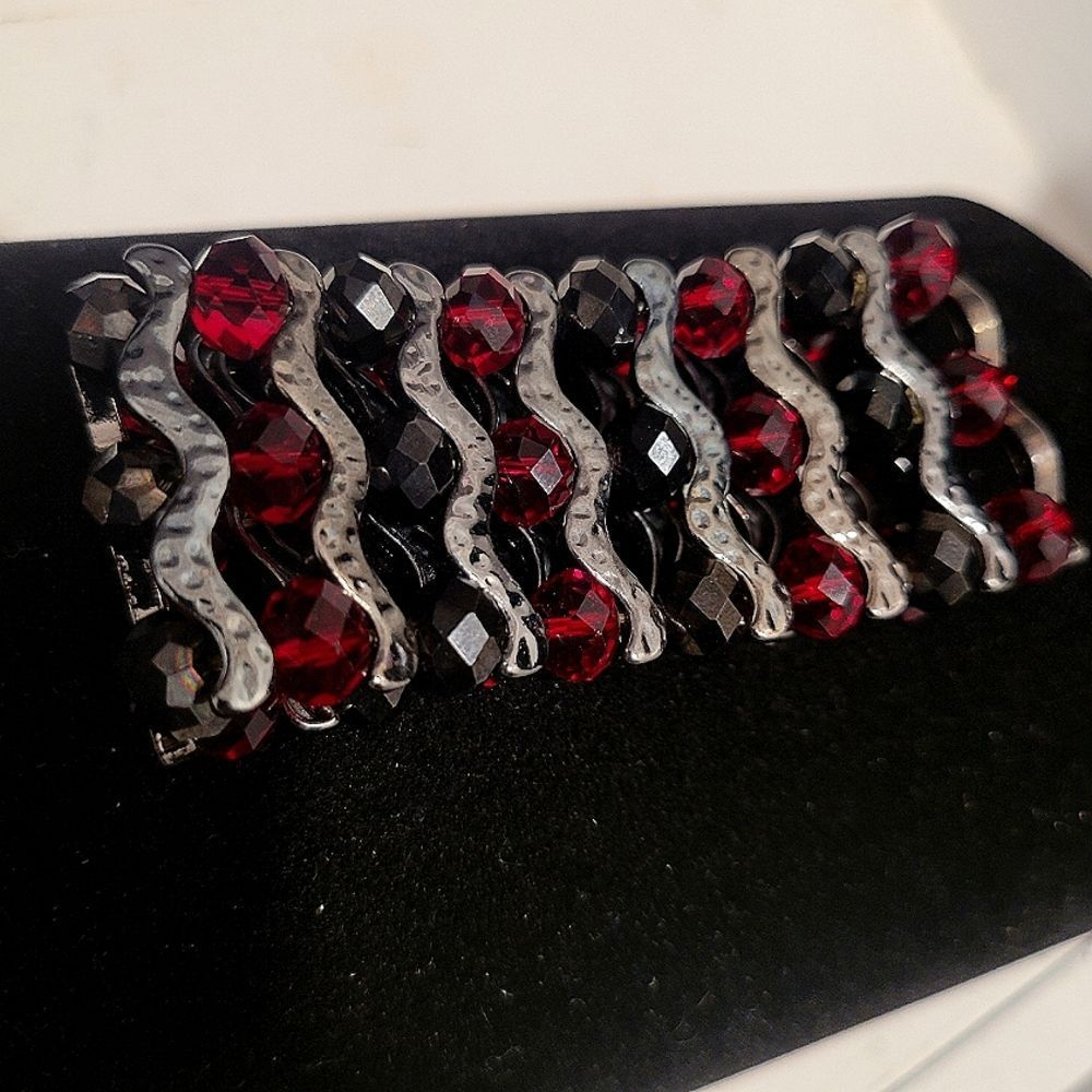 EUC Red Silver and Black Beaded Stretch Bracelet